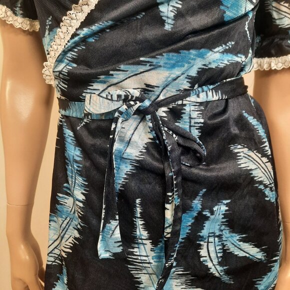 Vintage 70s Nylon Maxi Peignoir Set Sz S Nightgown Wrap Robe Blue Feather Print - Picture 6 of 10